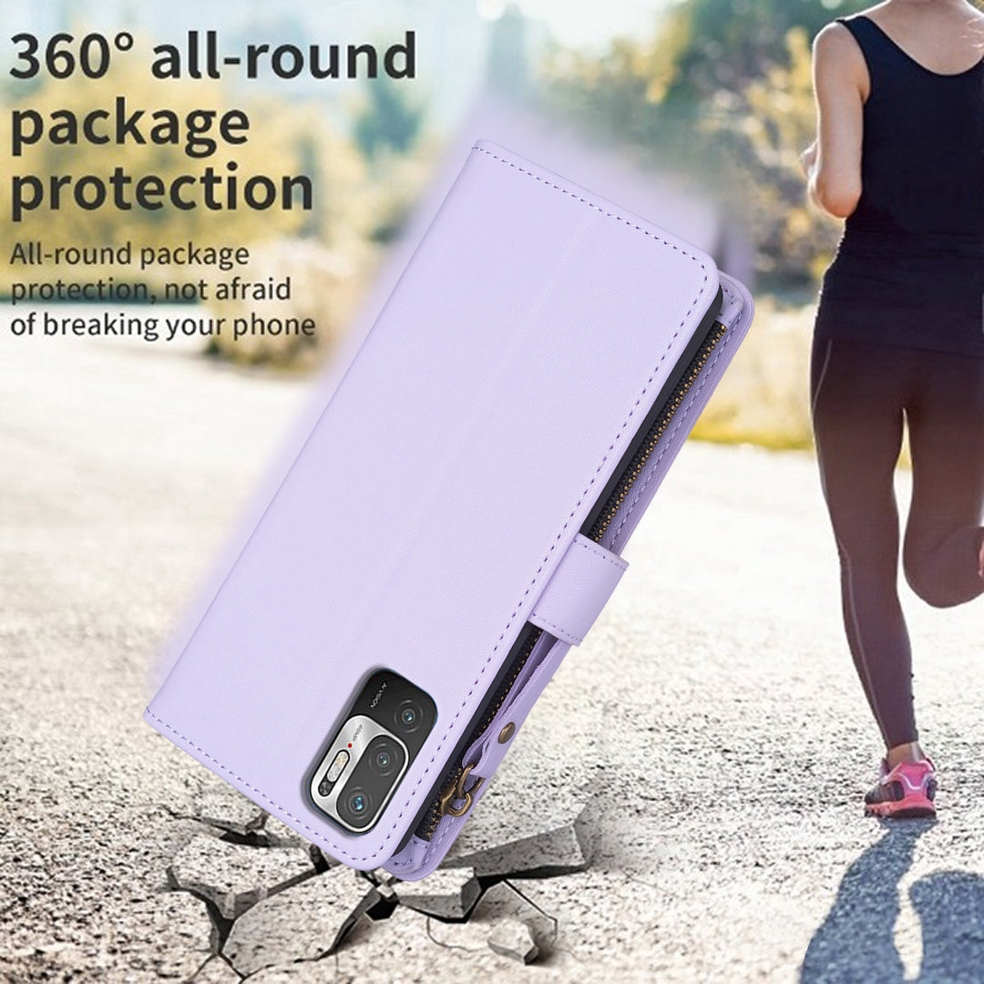 Xiaomi Redmi Note 10 5G Leather Flip Phone Case with 9 Card Slots, Zipper Wallet & Detachable Wristlet Strap