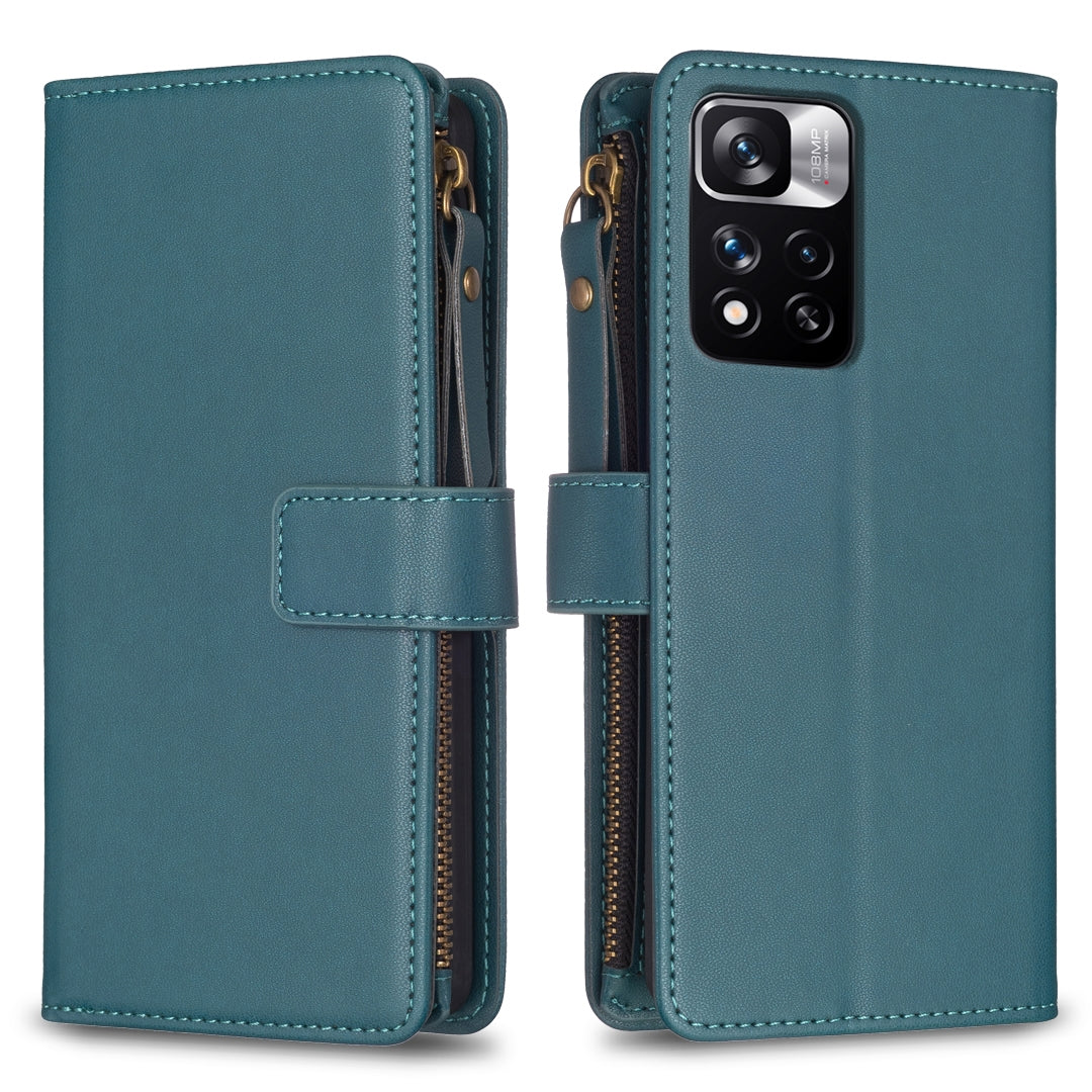 Xiaomi Redmi Note 11 Pro Leather Flip Phone Case with 9 Card Slots, Zipper Wallet & Detachable Wristlet Strap