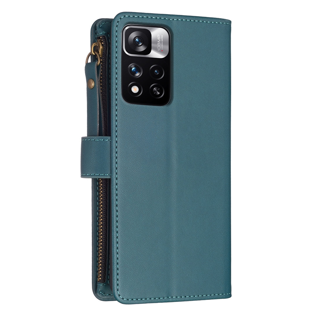 Xiaomi Redmi Note 11 Pro Leather Flip Phone Case with 9 Card Slots, Zipper Wallet & Detachable Wristlet Strap