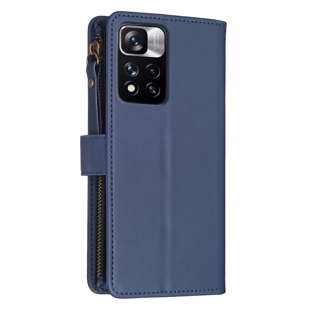 Xiaomi Redmi Note 11 Pro Leather Flip Phone Case with 9 Card Slots, Zipper Wallet & Detachable Wristlet Strap