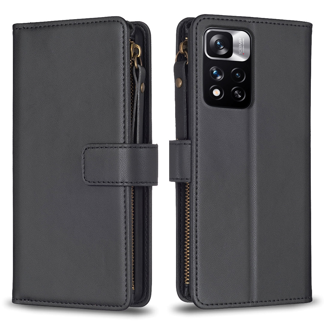 Xiaomi Redmi Note 11 Pro Leather Flip Phone Case with 9 Card Slots, Zipper Wallet & Detachable Wristlet Strap