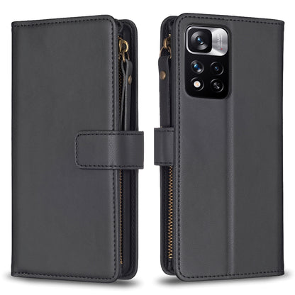 Xiaomi Redmi Note 11 Pro Leather Flip Phone Case with 9 Card Slots, Zipper Wallet & Detachable Wristlet Strap