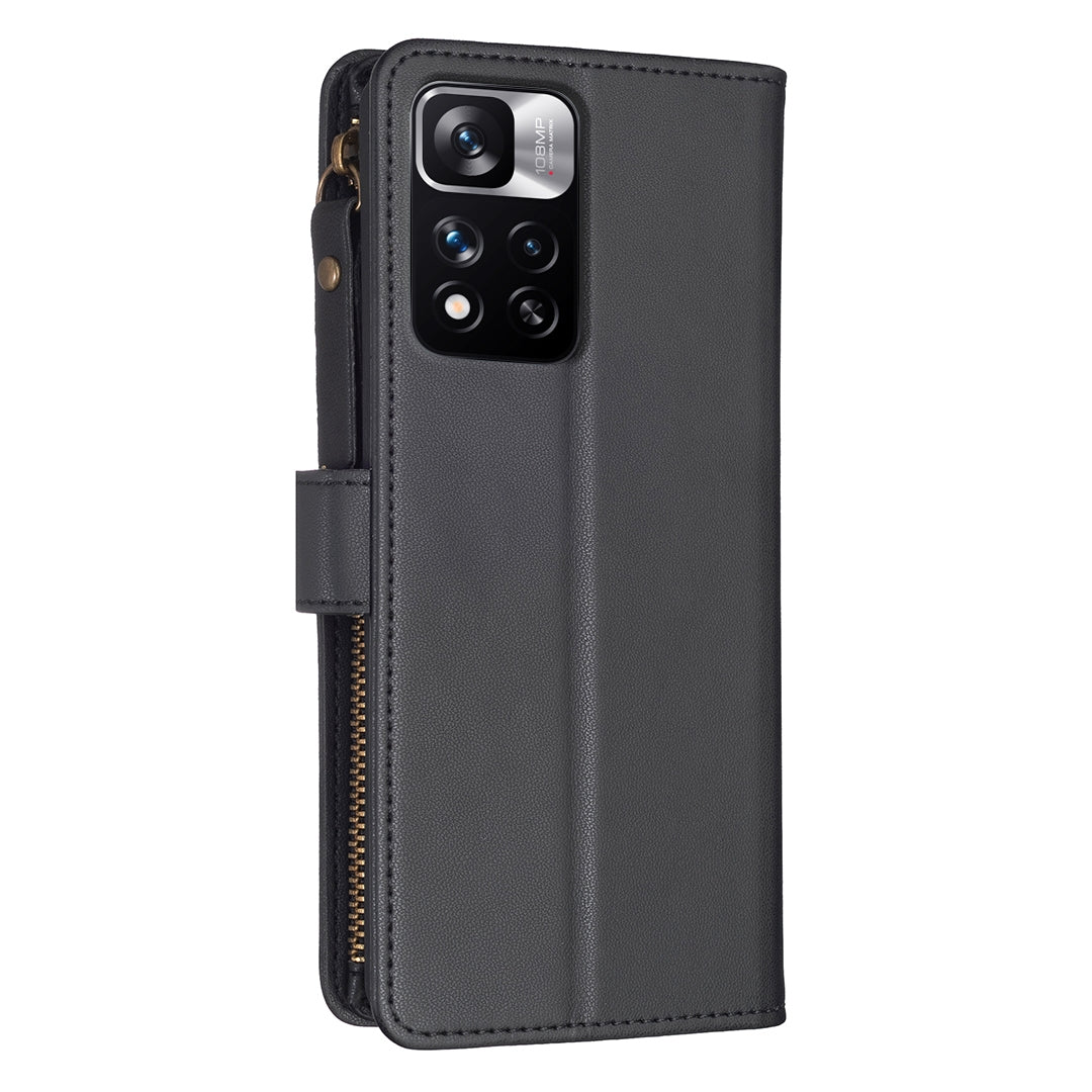 Xiaomi Redmi Note 11 Pro Leather Flip Phone Case with 9 Card Slots, Zipper Wallet & Detachable Wristlet Strap