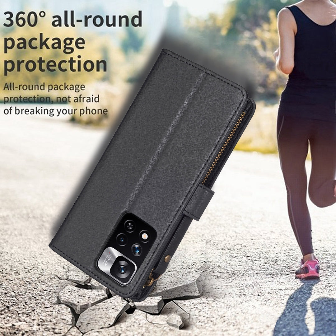 Xiaomi Redmi Note 11 Pro Leather Flip Phone Case with 9 Card Slots, Zipper Wallet & Detachable Wristlet Strap
