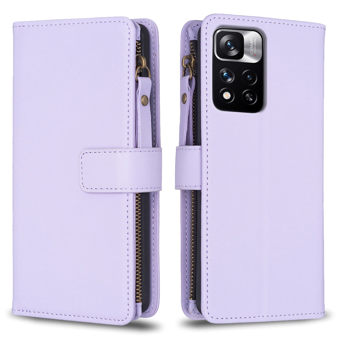 Xiaomi Redmi Note 11 Pro Leather Flip Phone Case with 9 Card Slots, Zipper Wallet & Detachable Wristlet Strap