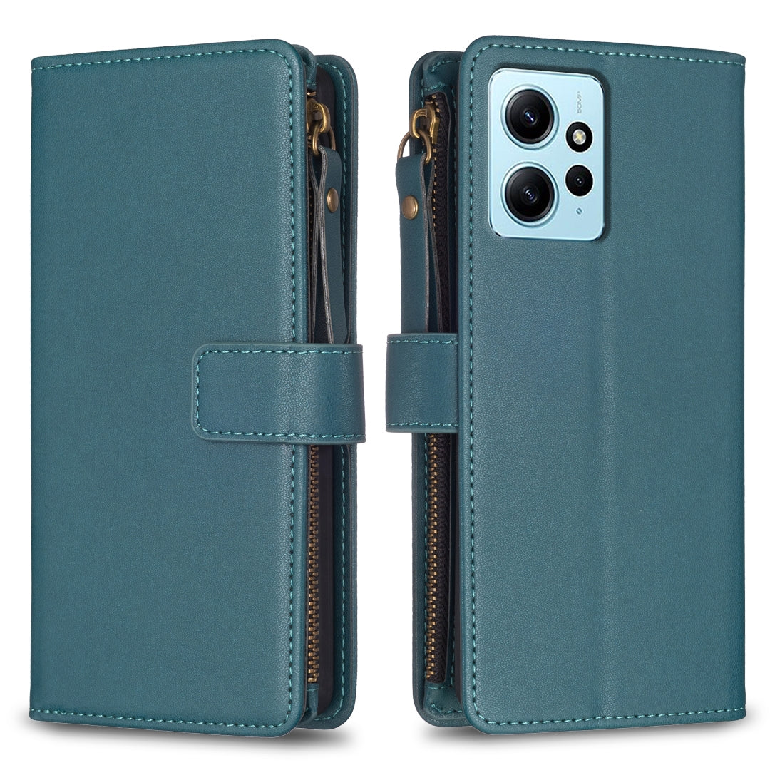 Xiaomi Redmi Note 12 4G Leather Flip Phone Case with 9 Card Slots, Zipper Wallet & Detachable Wristlet Strap