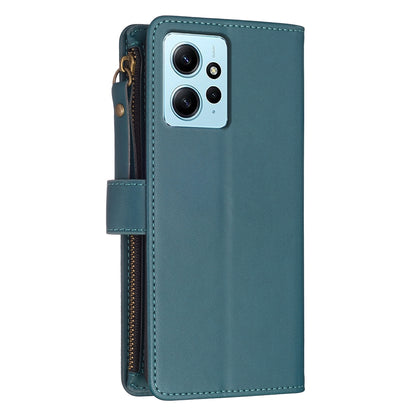 Xiaomi Redmi Note 12 4G Leather Flip Phone Case with 9 Card Slots, Zipper Wallet & Detachable Wristlet Strap
