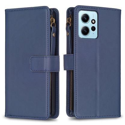 Xiaomi Redmi Note 12 4G Leather Flip Phone Case with 9 Card Slots, Zipper Wallet & Detachable Wristlet Strap
