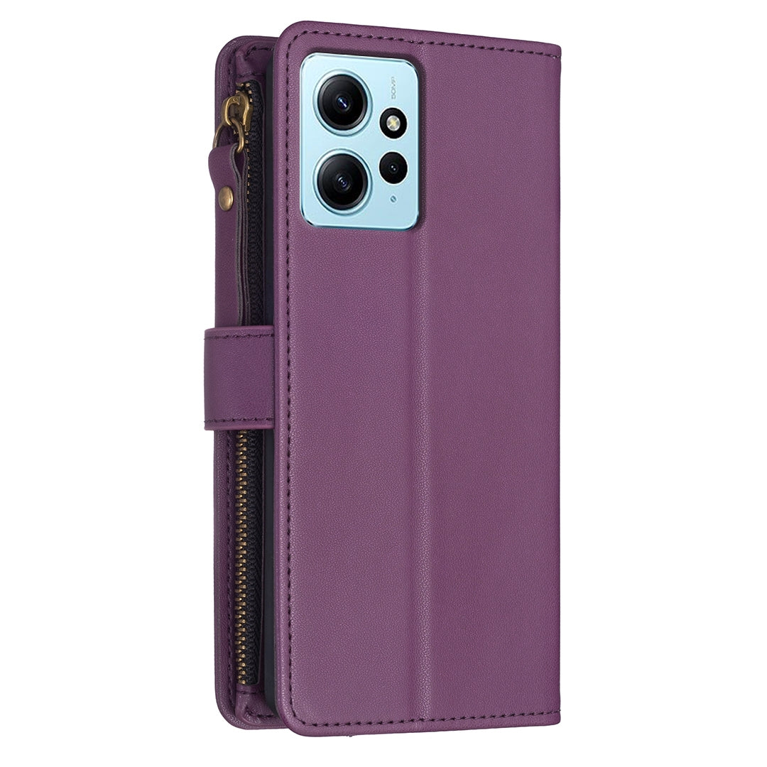 Xiaomi Redmi Note 12 4G Leather Flip Phone Case with 9 Card Slots, Zipper Wallet & Detachable Wristlet Strap