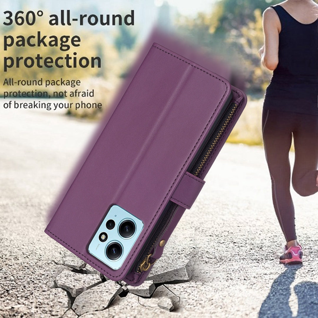 Xiaomi Redmi Note 12 4G Leather Flip Phone Case with 9 Card Slots, Zipper Wallet & Detachable Wristlet Strap