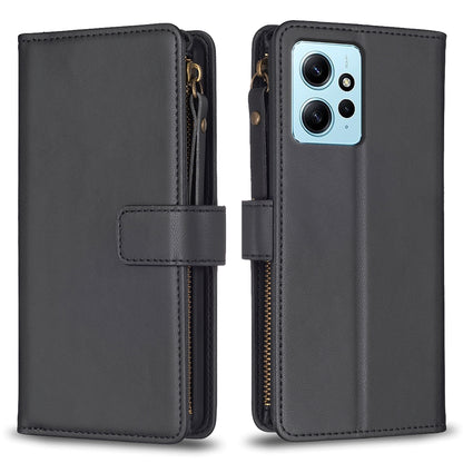 Xiaomi Redmi Note 12 4G Leather Flip Phone Case with 9 Card Slots, Zipper Wallet & Detachable Wristlet Strap