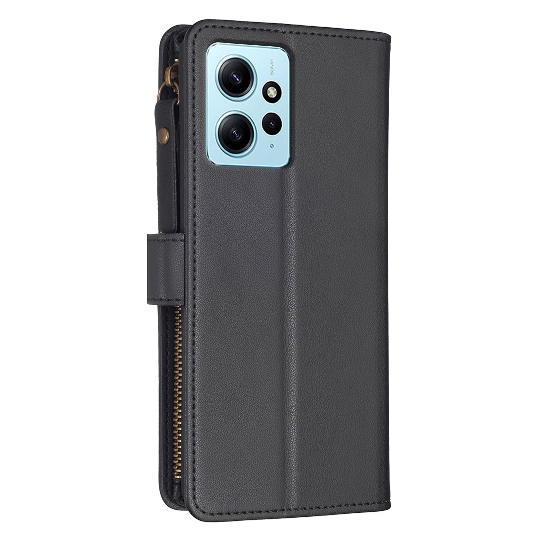 Xiaomi Redmi Note 12 4G Leather Flip Phone Case with 9 Card Slots, Zipper Wallet & Detachable Wristlet Strap