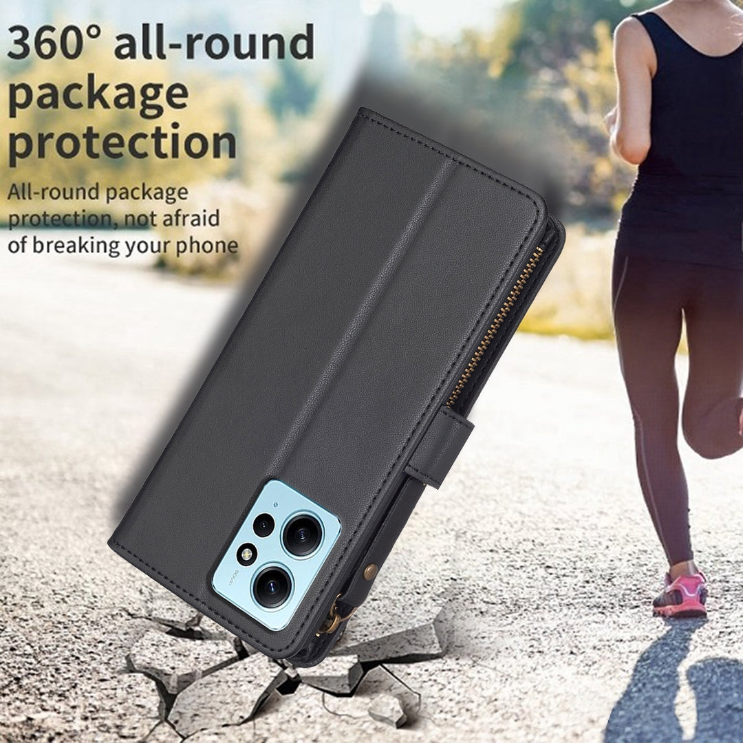 Xiaomi Redmi Note 12 4G Leather Flip Phone Case with 9 Card Slots, Zipper Wallet & Detachable Wristlet Strap