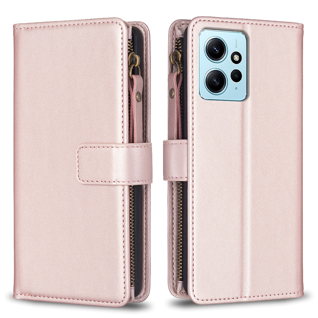 Xiaomi Redmi Note 12 4G Leather Flip Phone Case with 9 Card Slots, Zipper Wallet & Detachable Wristlet Strap