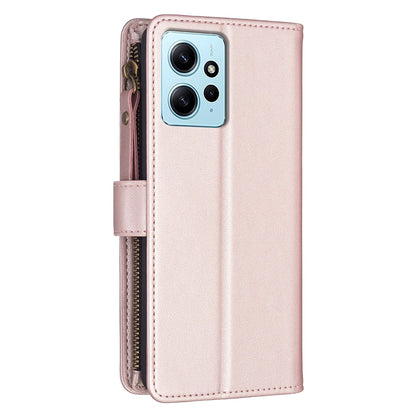 Xiaomi Redmi Note 12 4G Leather Flip Phone Case with 9 Card Slots, Zipper Wallet & Detachable Wristlet Strap