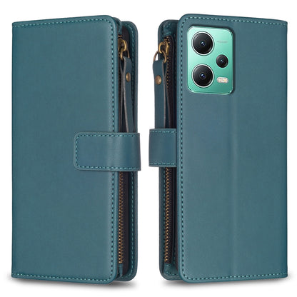 Xiaomi Redmi Note 12 5G Leather Flip Phone Case with 9 Card Slots, Zipper Wallet & Detachable Wristlet Strap