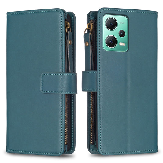 Xiaomi Redmi Note 12 5G Leather Flip Phone Case with 9 Card Slots, Zipper Wallet & Detachable Wristlet Strap