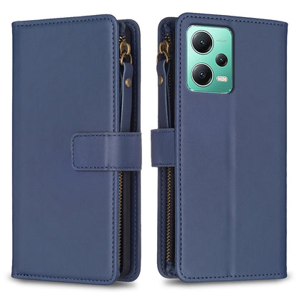 Xiaomi Redmi Note 12 5G Leather Flip Phone Case with 9 Card Slots, Zipper Wallet & Detachable Wristlet Strap