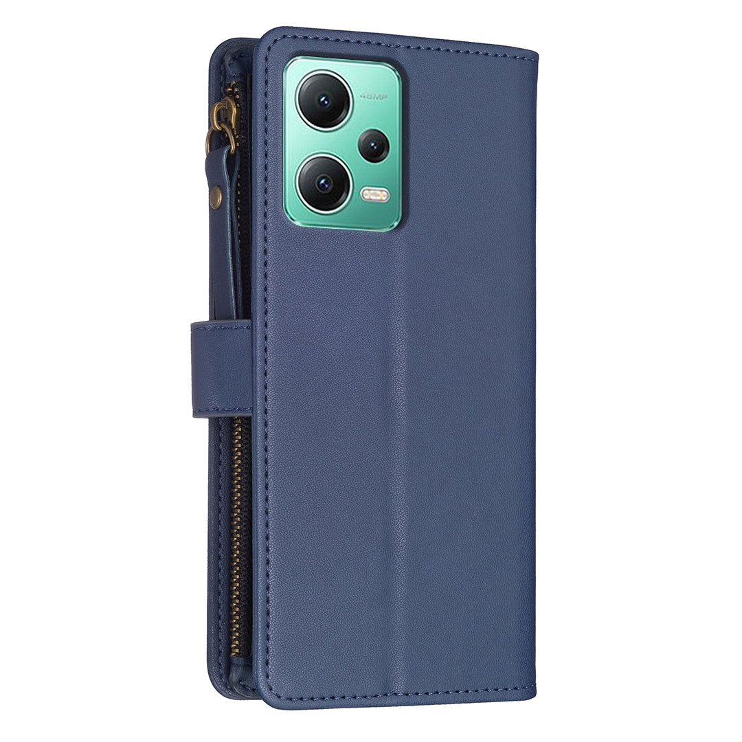 Xiaomi Redmi Note 12 5G Leather Flip Phone Case with 9 Card Slots, Zipper Wallet & Detachable Wristlet Strap