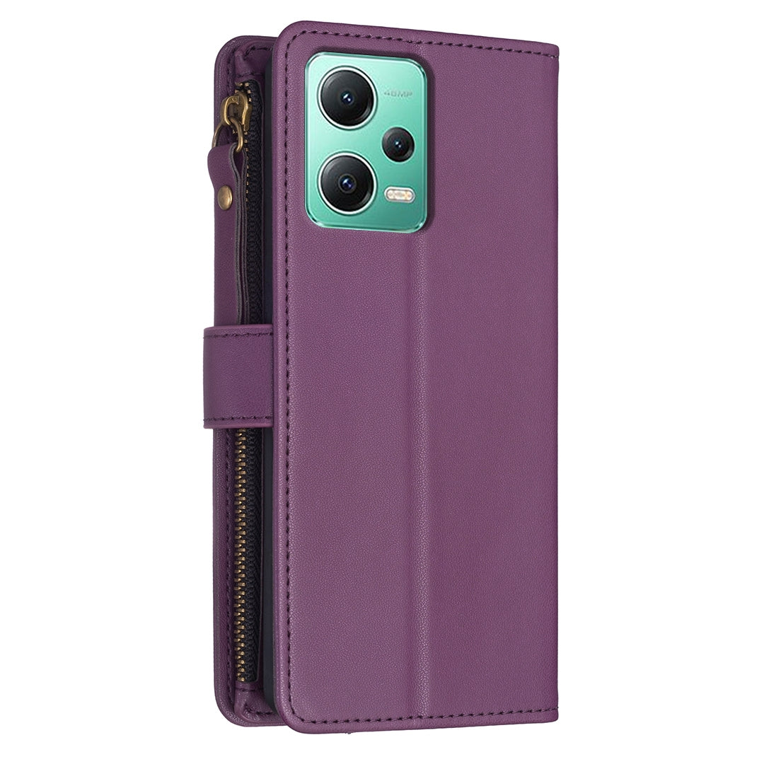 Xiaomi Redmi Note 12 5G Leather Flip Phone Case with 9 Card Slots, Zipper Wallet & Detachable Wristlet Strap