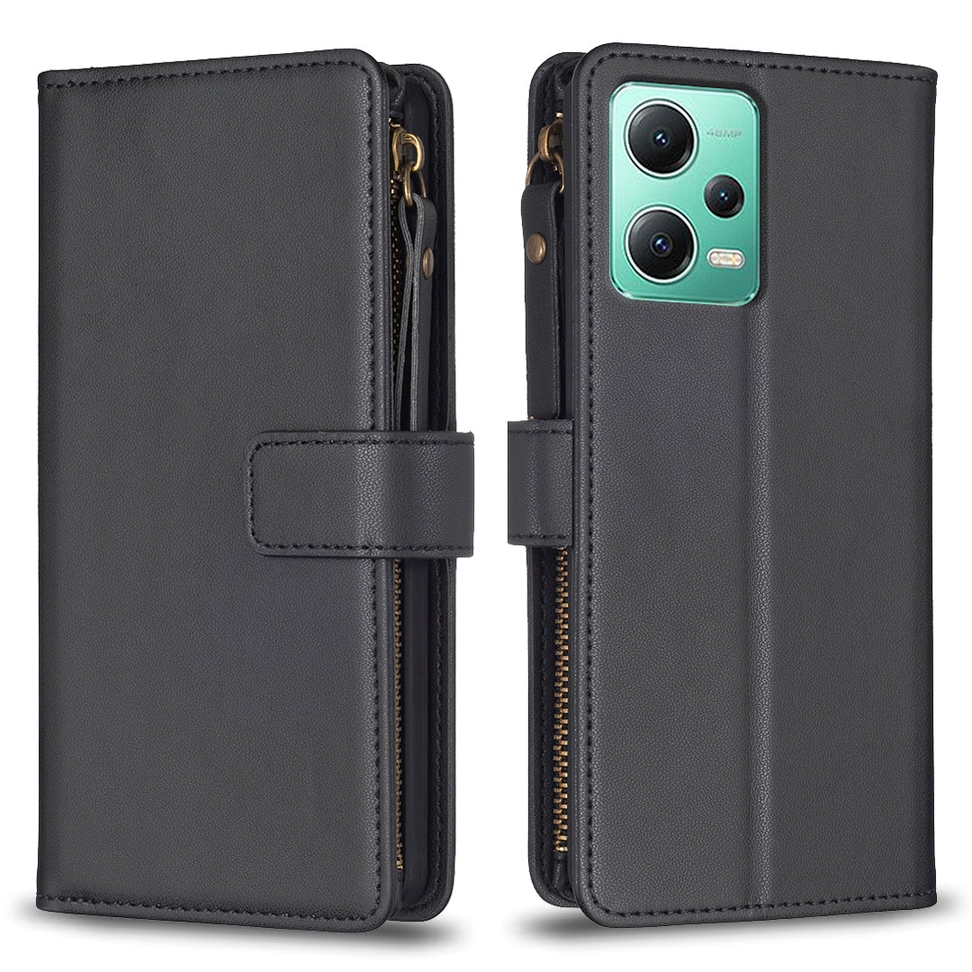 Xiaomi Redmi Note 12 5G Leather Flip Phone Case with 9 Card Slots, Zipper Wallet & Detachable Wristlet Strap