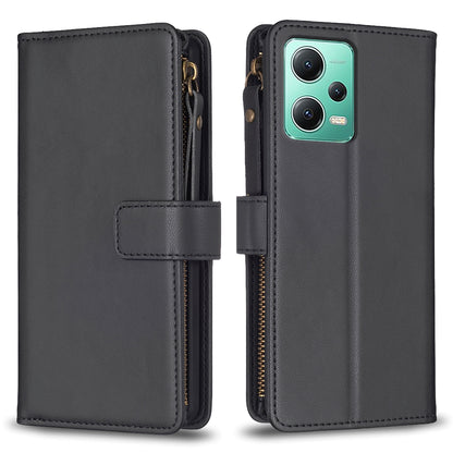 Xiaomi Redmi Note 12 5G Leather Flip Phone Case with 9 Card Slots, Zipper Wallet & Detachable Wristlet Strap
