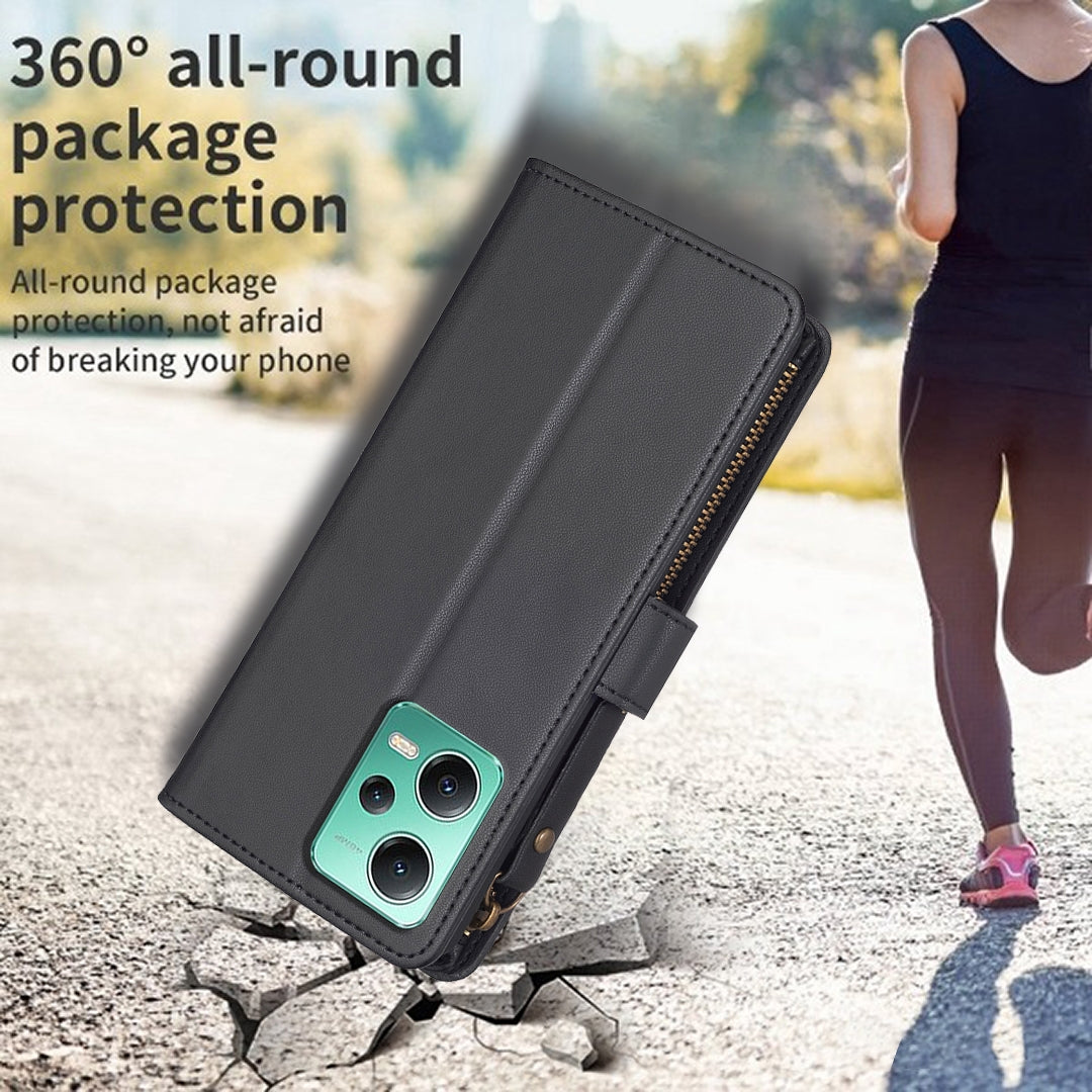Xiaomi Redmi Note 12 5G Leather Flip Phone Case with 9 Card Slots, Zipper Wallet & Detachable Wristlet Strap