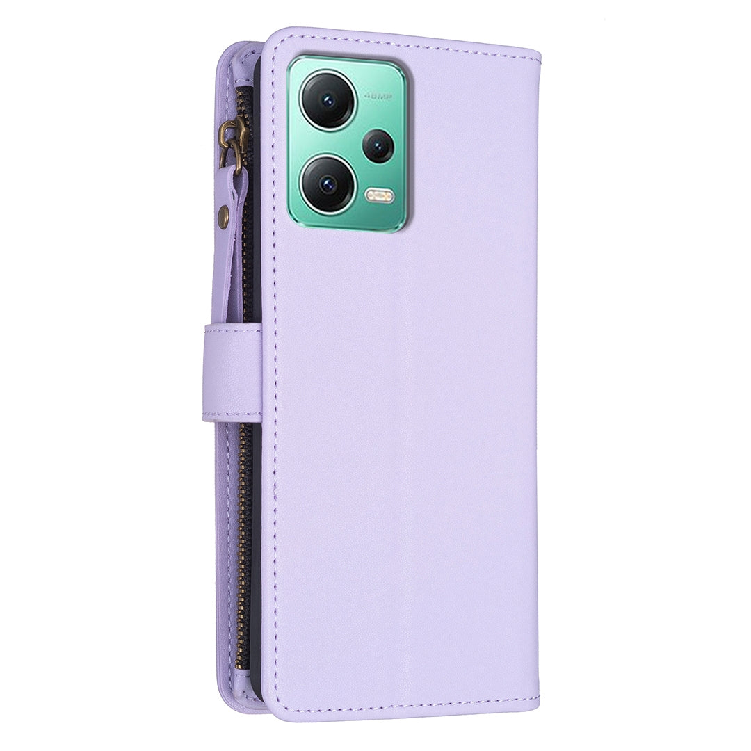 Xiaomi Redmi Note 12 5G Leather Flip Phone Case with 9 Card Slots, Zipper Wallet & Detachable Wristlet Strap