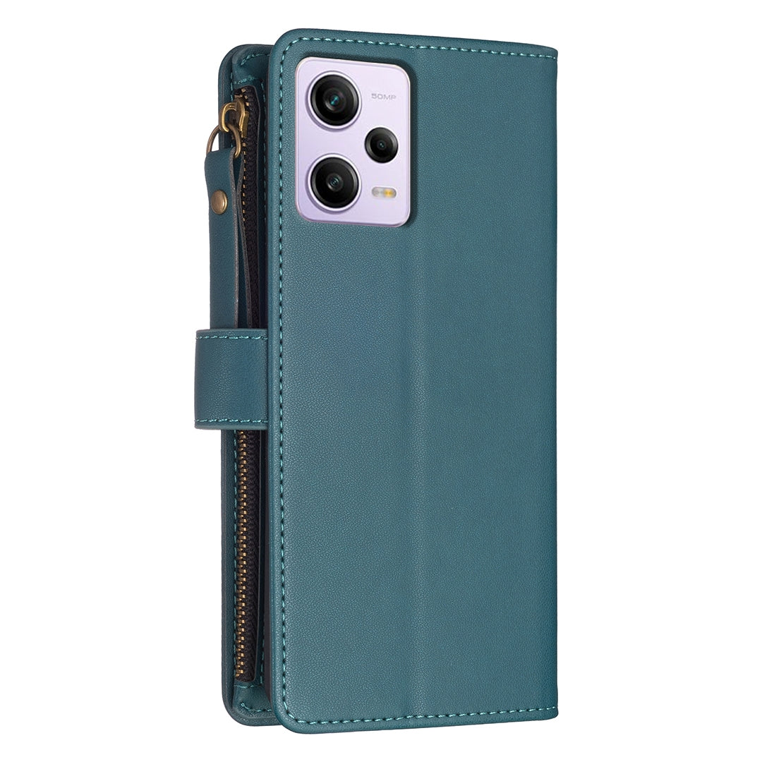 Xiaomi Redmi Note 12 Pro Leather Flip Phone Case with 9 Card Slots, Zipper Wallet & Detachable Wristlet Strap