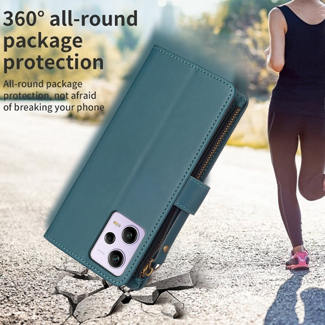 Xiaomi Redmi Note 12 Pro Leather Flip Phone Case with 9 Card Slots, Zipper Wallet & Detachable Wristlet Strap