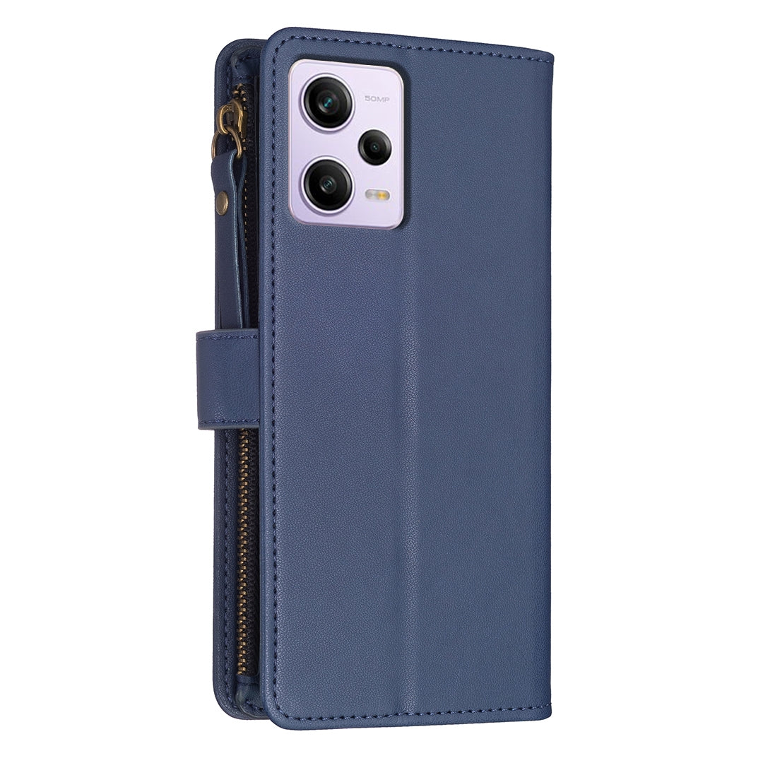 Xiaomi Redmi Note 12 Pro Leather Flip Phone Case with 9 Card Slots, Zipper Wallet & Detachable Wristlet Strap