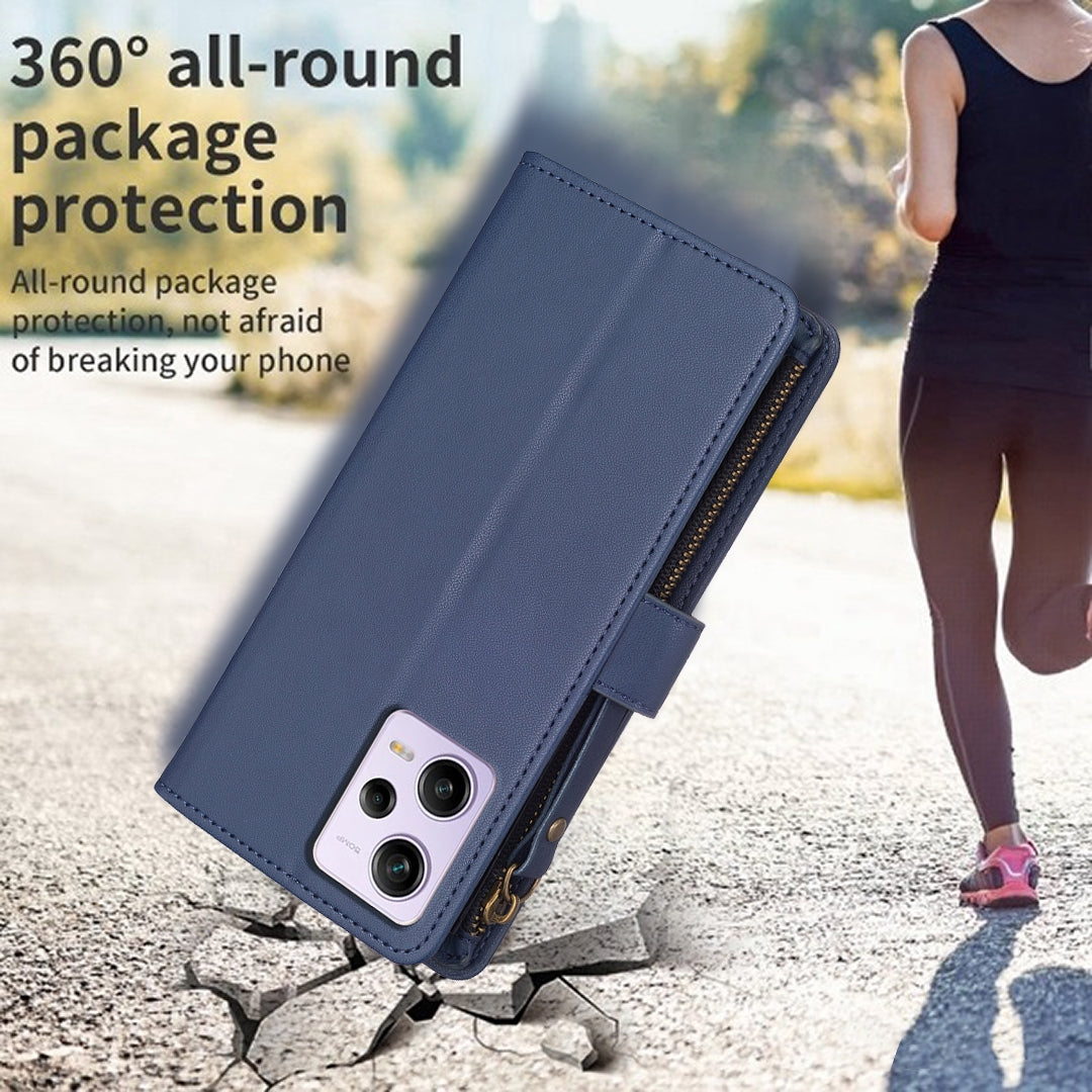 Xiaomi Redmi Note 12 Pro Leather Flip Phone Case with 9 Card Slots, Zipper Wallet & Detachable Wristlet Strap