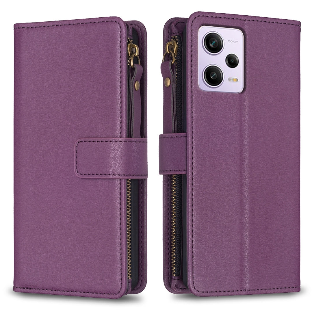 Xiaomi Redmi Note 12 Pro Leather Flip Phone Case with 9 Card Slots, Zipper Wallet & Detachable Wristlet Strap