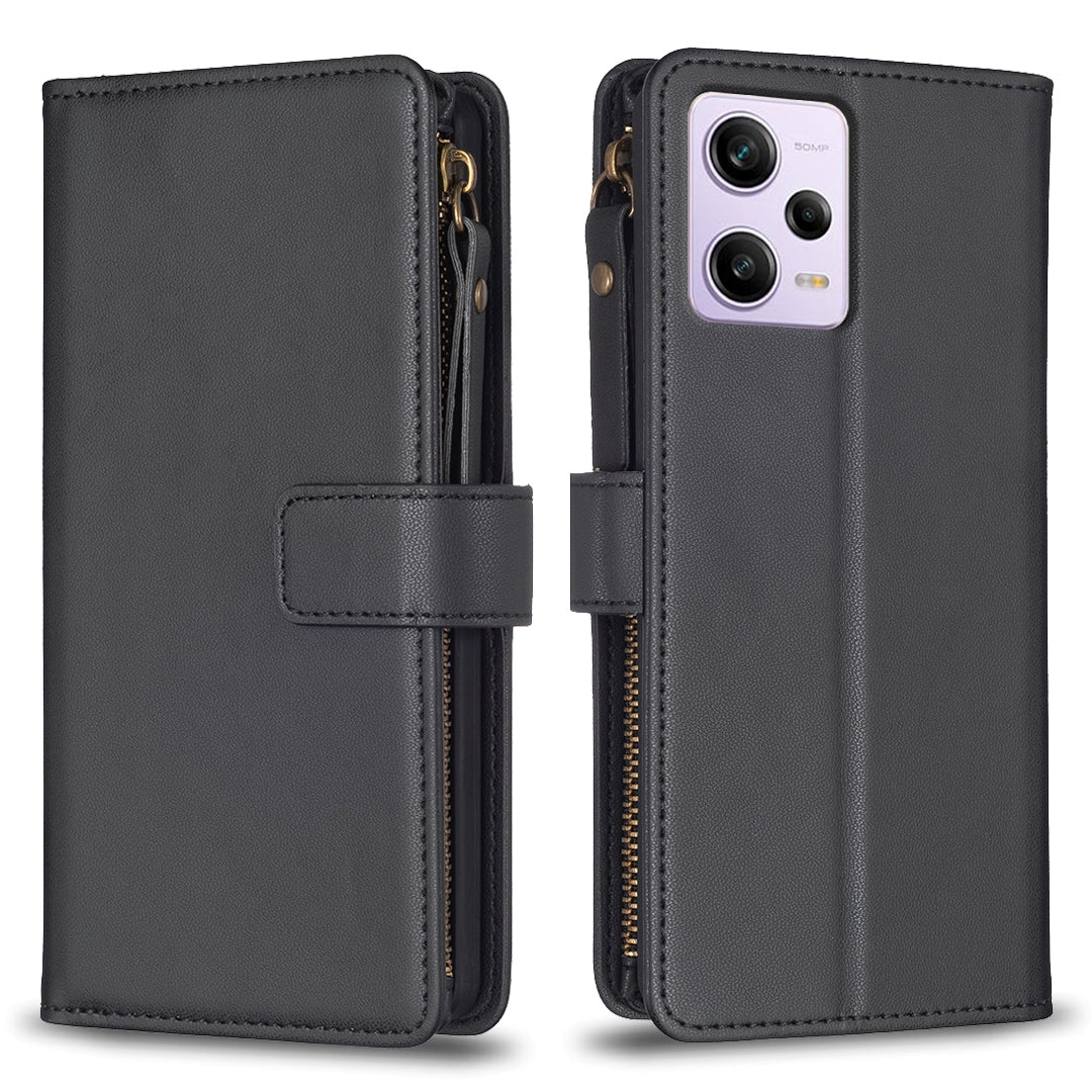 Xiaomi Redmi Note 12 Pro Leather Flip Phone Case with 9 Card Slots, Zipper Wallet & Detachable Wristlet Strap