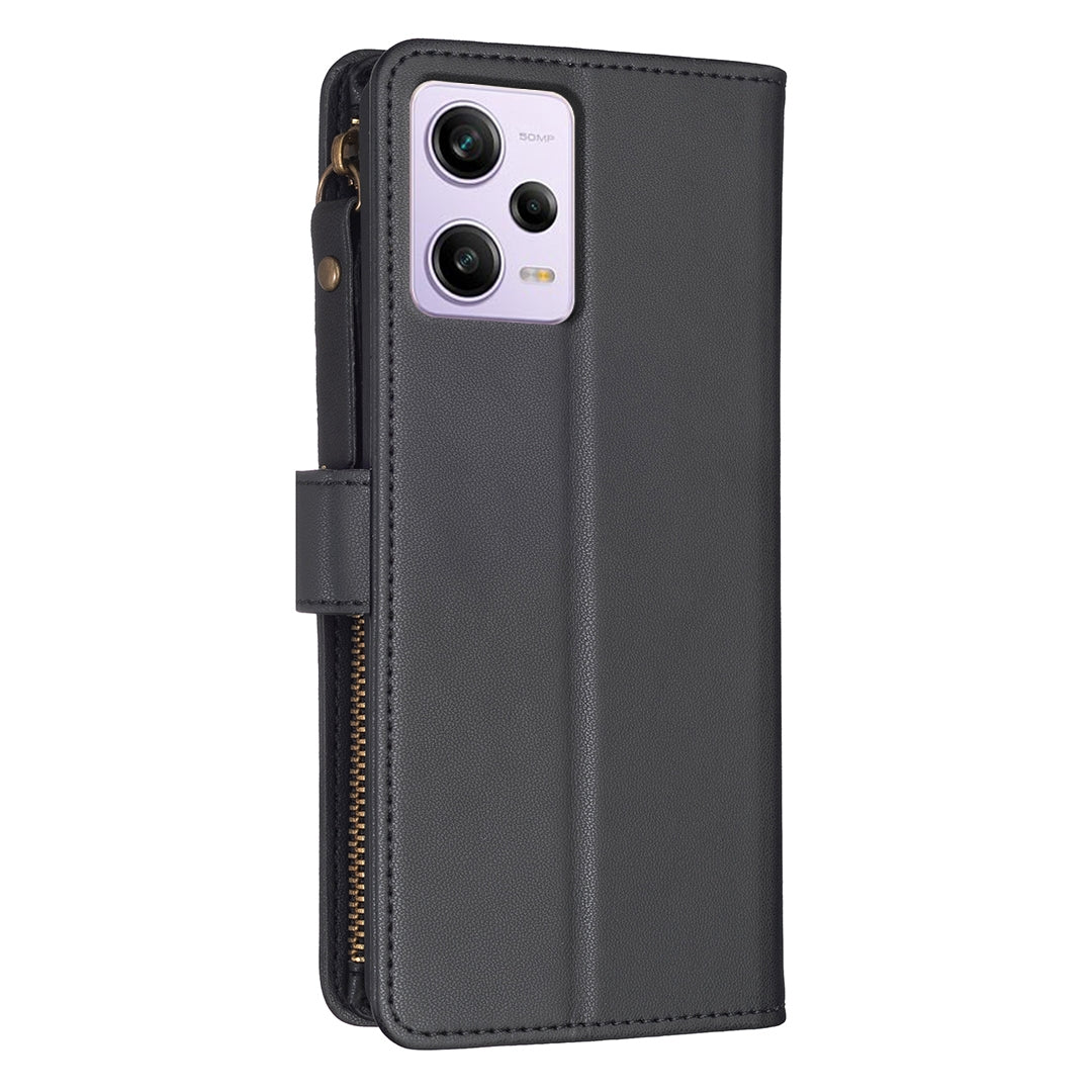 Xiaomi Redmi Note 12 Pro Leather Flip Phone Case with 9 Card Slots, Zipper Wallet & Detachable Wristlet Strap