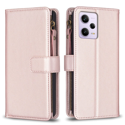 Xiaomi Redmi Note 12 Pro Leather Flip Phone Case with 9 Card Slots, Zipper Wallet & Detachable Wristlet Strap