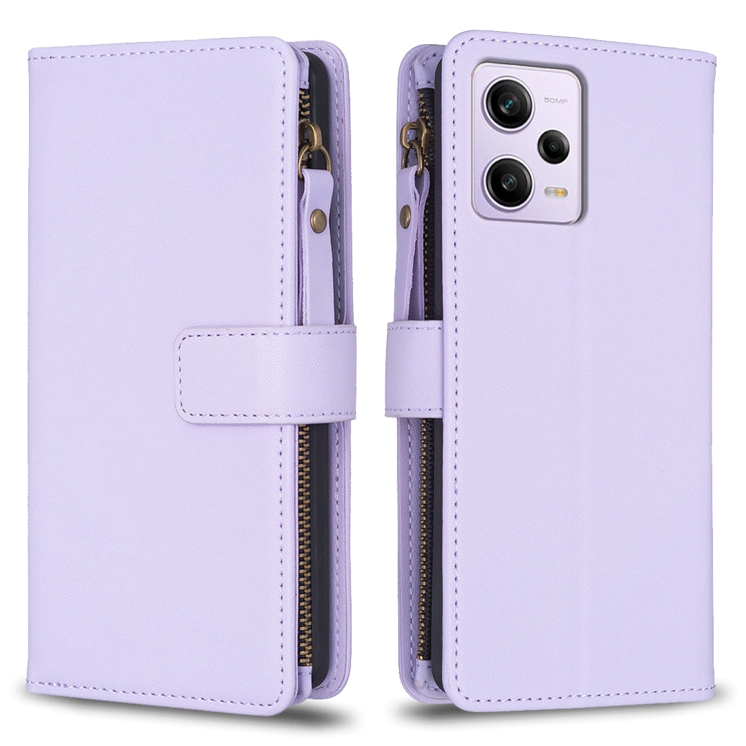 Xiaomi Redmi Note 12 Pro Leather Flip Phone Case with 9 Card Slots, Zipper Wallet & Detachable Wristlet Strap