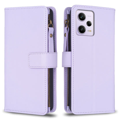 Xiaomi Redmi Note 12 Pro Leather Flip Phone Case with 9 Card Slots, Zipper Wallet & Detachable Wristlet Strap