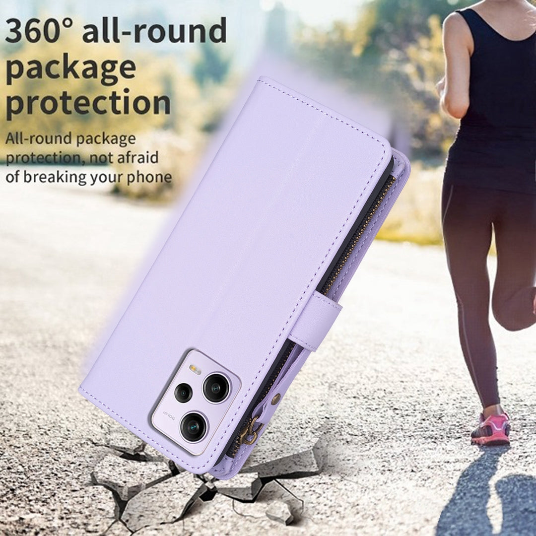 Xiaomi Redmi Note 12 Pro Leather Flip Phone Case with 9 Card Slots, Zipper Wallet & Detachable Wristlet Strap