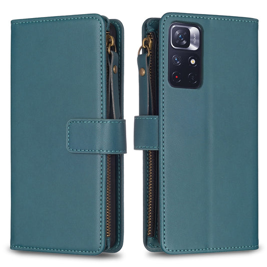 Xiaomi Redmi Note 12S 4G Leather Flip Phone Case with 9 Card Slots, Zipper Wallet & Detachable Wristlet Strap