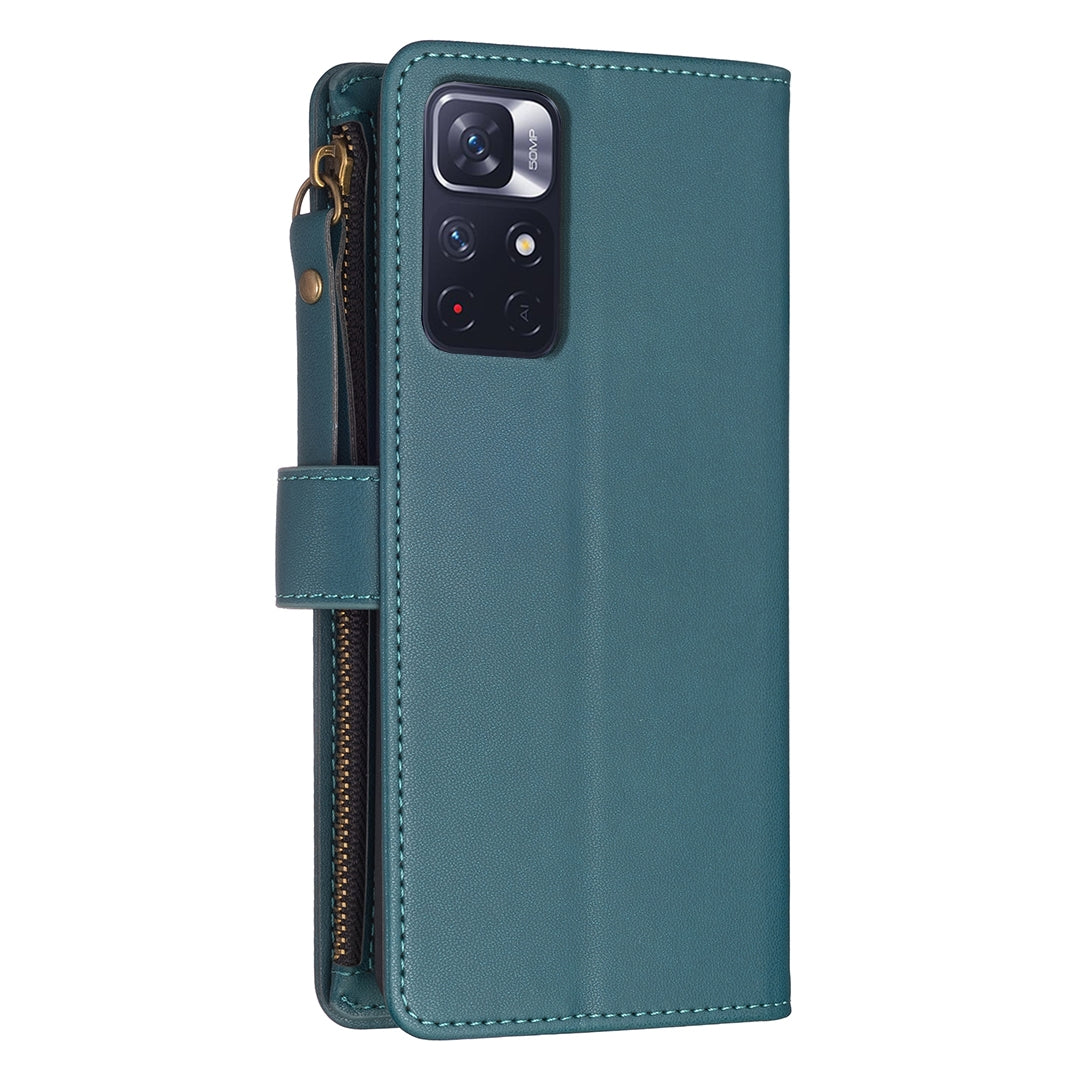 Xiaomi Redmi Note 12S 4G Leather Flip Phone Case with 9 Card Slots, Zipper Wallet & Detachable Wristlet Strap