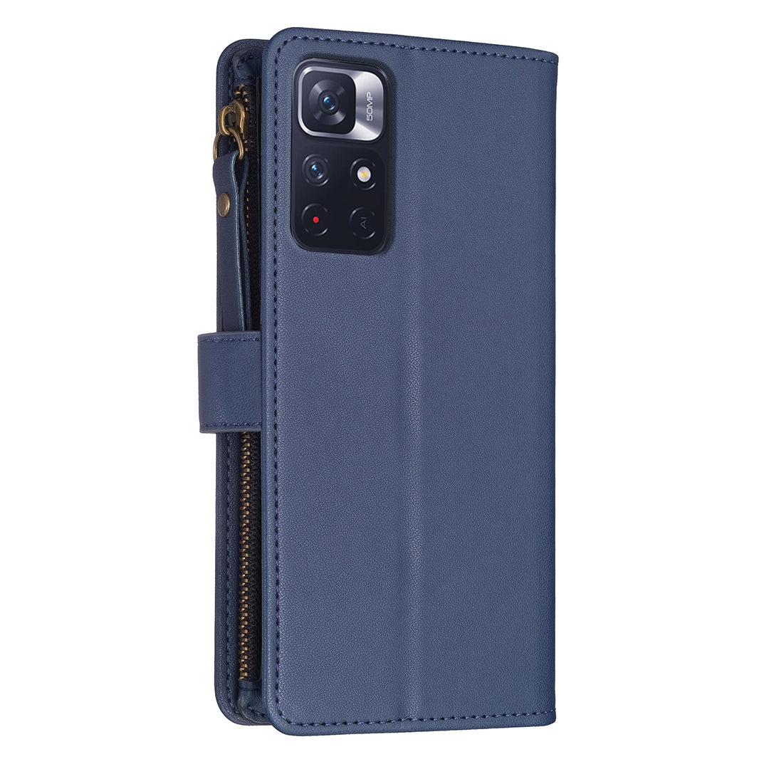 Xiaomi Redmi Note 12S 4G Leather Flip Phone Case with 9 Card Slots, Zipper Wallet & Detachable Wristlet Strap