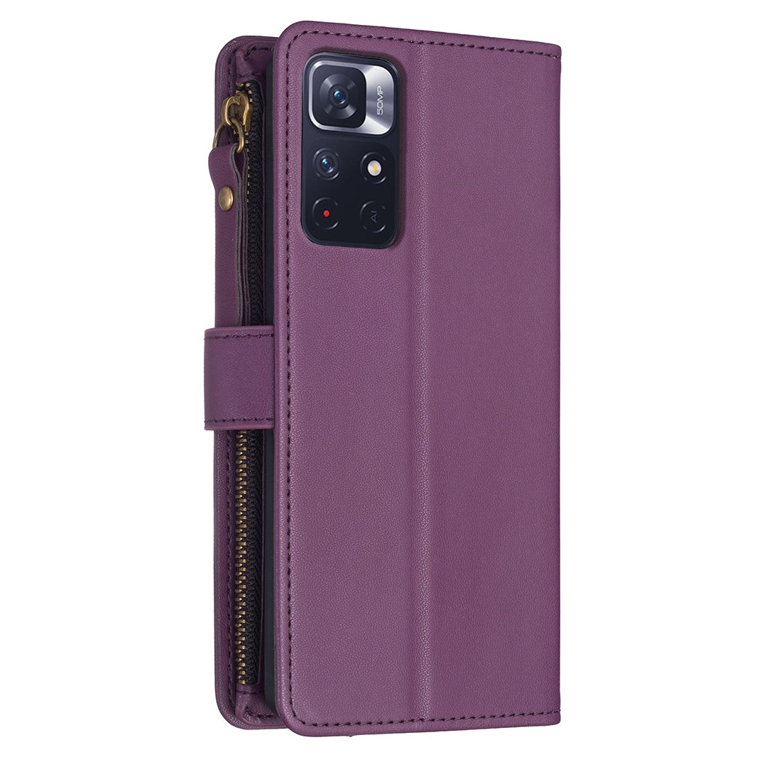 Xiaomi Redmi Note 12S 4G Leather Flip Phone Case with 9 Card Slots, Zipper Wallet & Detachable Wristlet Strap