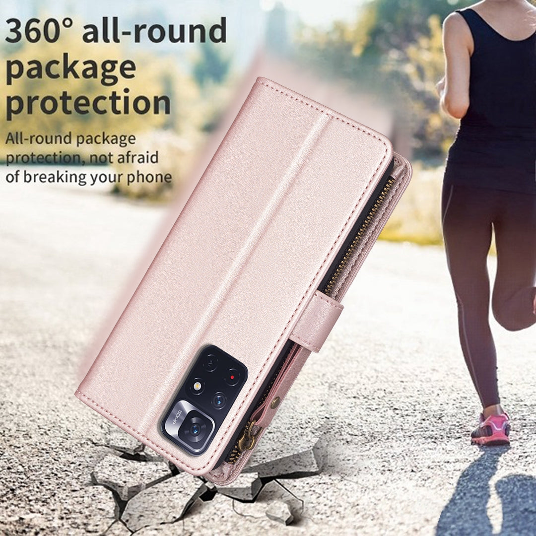 Xiaomi Redmi Note 12S 4G Leather Flip Phone Case with 9 Card Slots, Zipper Wallet & Detachable Wristlet Strap