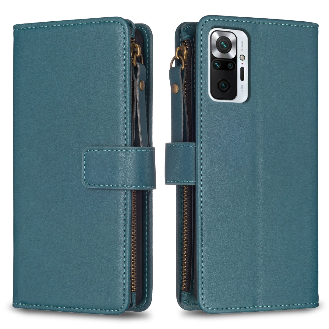Xiaomi Redmi Note 10 Pro Leather Flip Phone Case with 9 Card Slots, Zipper Wallet & Detachable Wristlet Strap