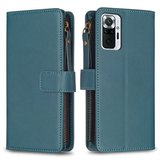 Xiaomi Redmi Note 10 Pro Leather Flip Phone Case with 9 Card Slots, Zipper Wallet & Detachable Wristlet Strap