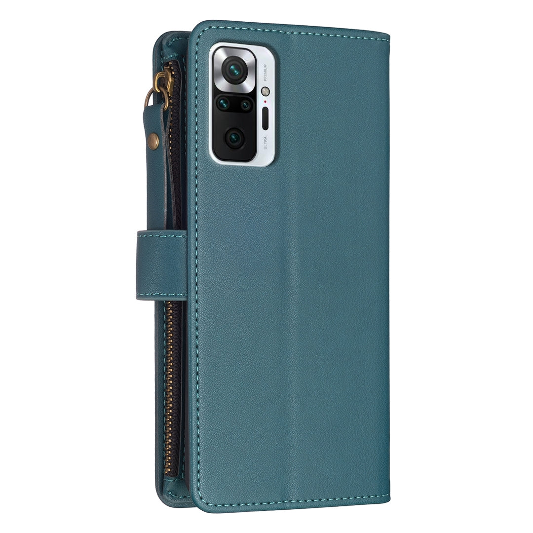 Xiaomi Redmi Note 10 Pro Leather Flip Phone Case with 9 Card Slots, Zipper Wallet & Detachable Wristlet Strap
