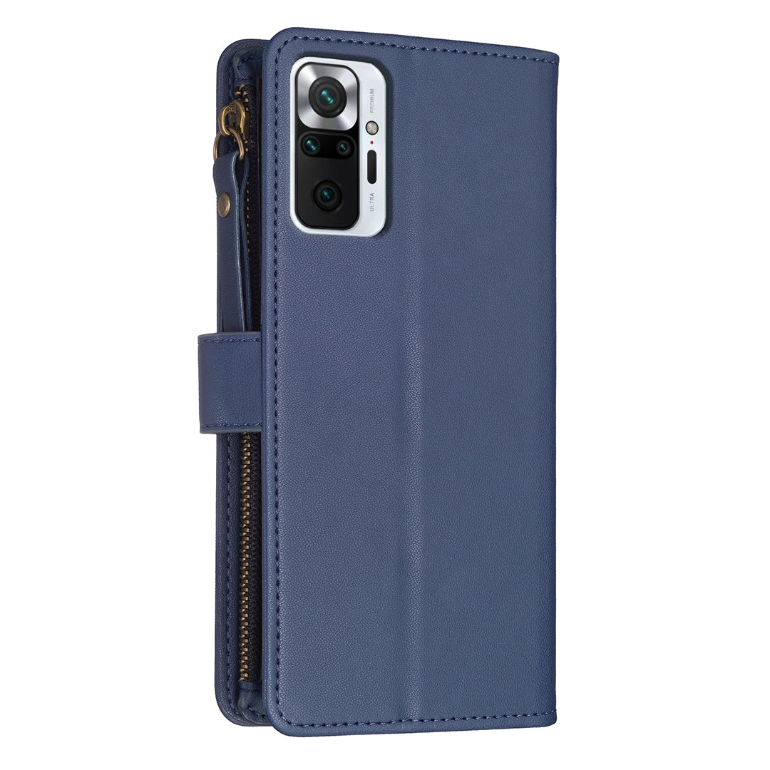 Xiaomi Redmi Note 10 Pro Leather Flip Phone Case with 9 Card Slots, Zipper Wallet & Detachable Wristlet Strap