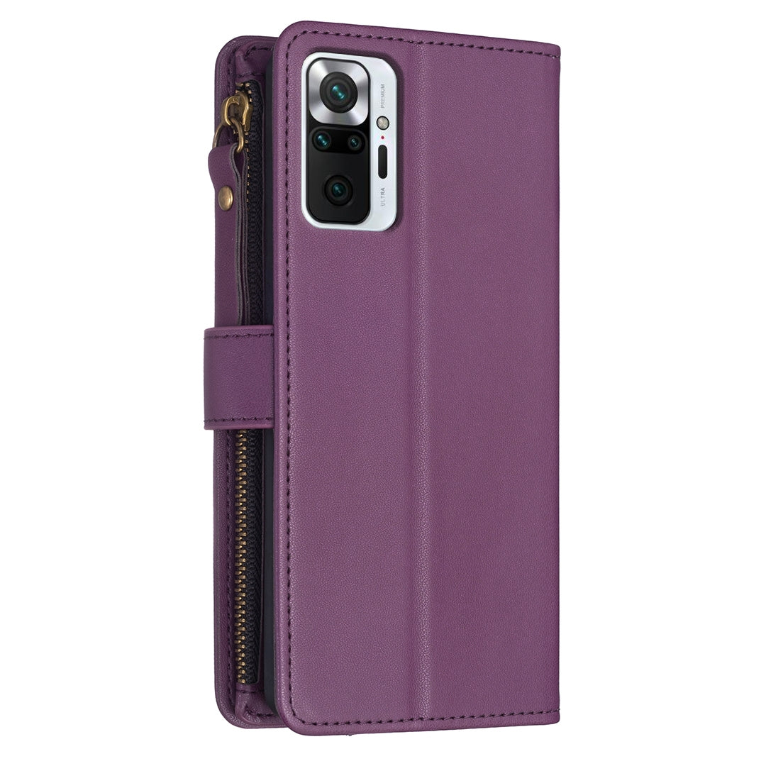 Xiaomi Redmi Note 10 Pro Leather Flip Phone Case with 9 Card Slots, Zipper Wallet & Detachable Wristlet Strap