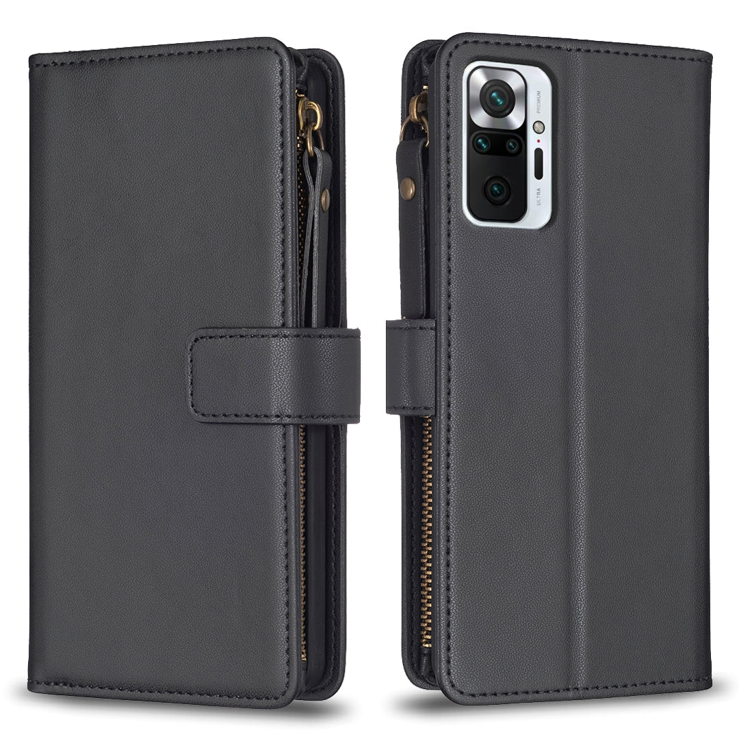 Xiaomi Redmi Note 10 Pro Leather Flip Phone Case with 9 Card Slots, Zipper Wallet & Detachable Wristlet Strap